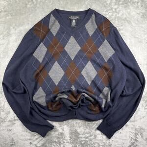 Marco Fiori Men’s Sweater 100% Extra Fine Merino Wool Italy L Blue Brown Argyle